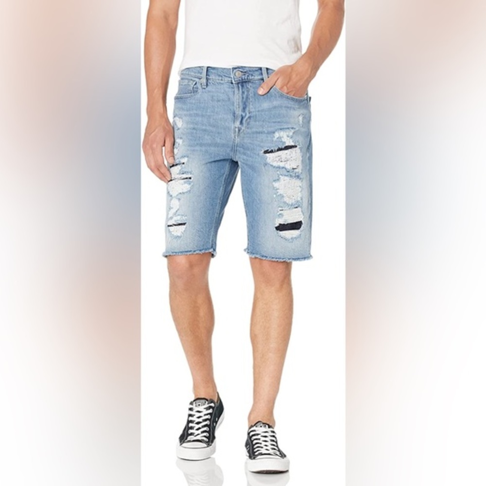 Guess Los Angeles Slim Short distressed denim shorts…